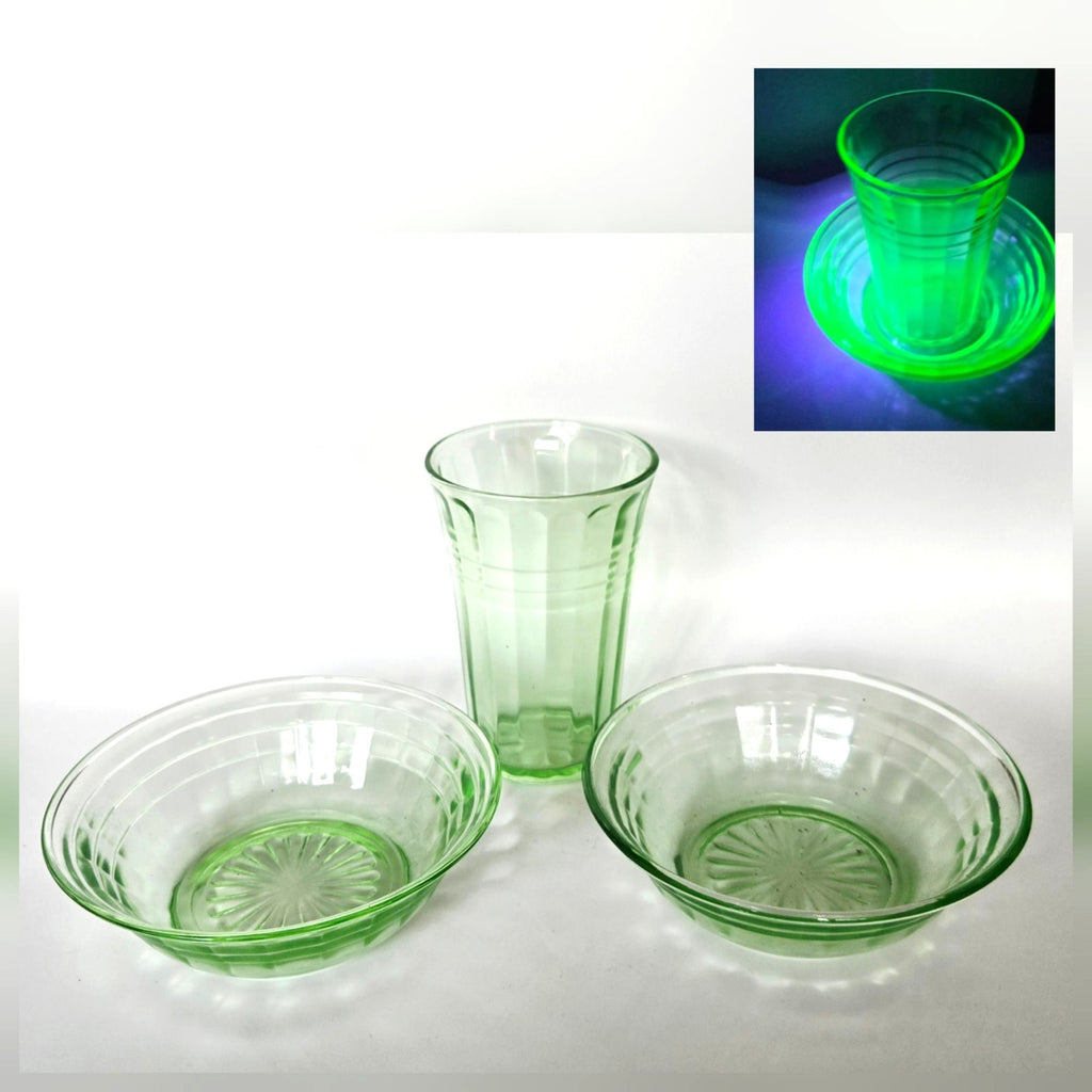 Vintage Green Depression Glass Cubist Bowl & Tumbler Set Glows Under Black Light