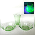 Vintage Green Depression Glass Cubist Bowl & Tumbler Set Glows Under Black Light