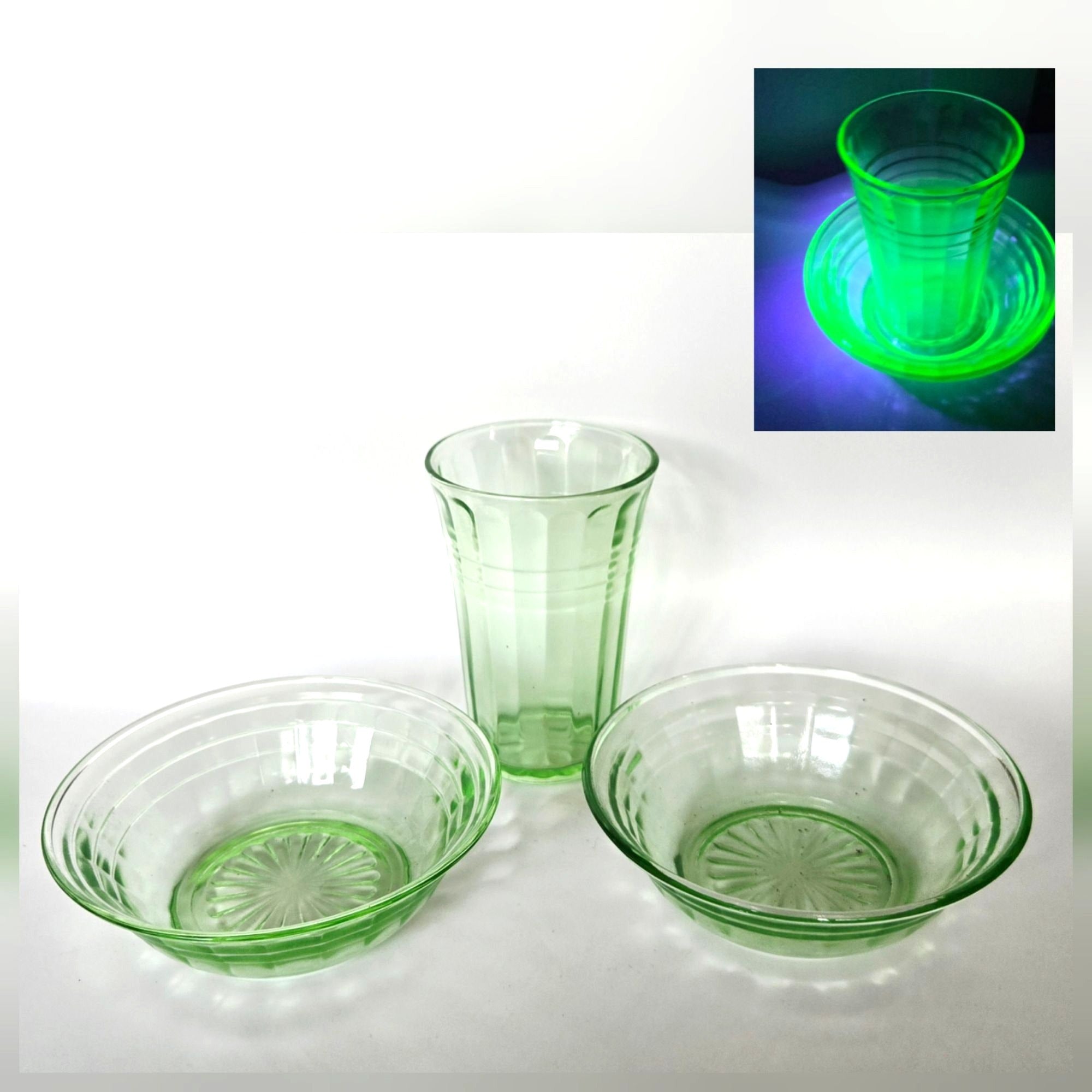 Vintage Green Depression Glass Cubist Bowl & Tumbler Set Glows Under Black Light
