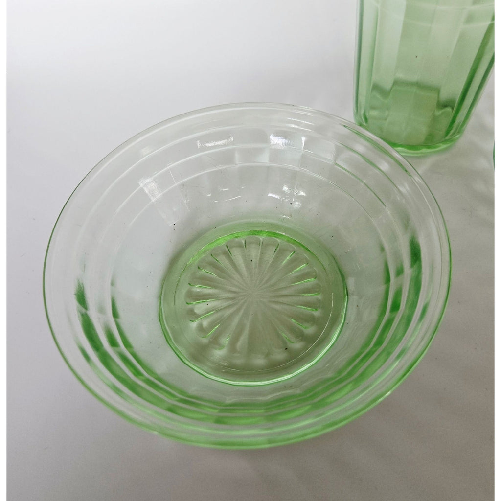 Vintage Green Depression Glass Cubist Bowl & Tumbler Set Glows Under Black Light