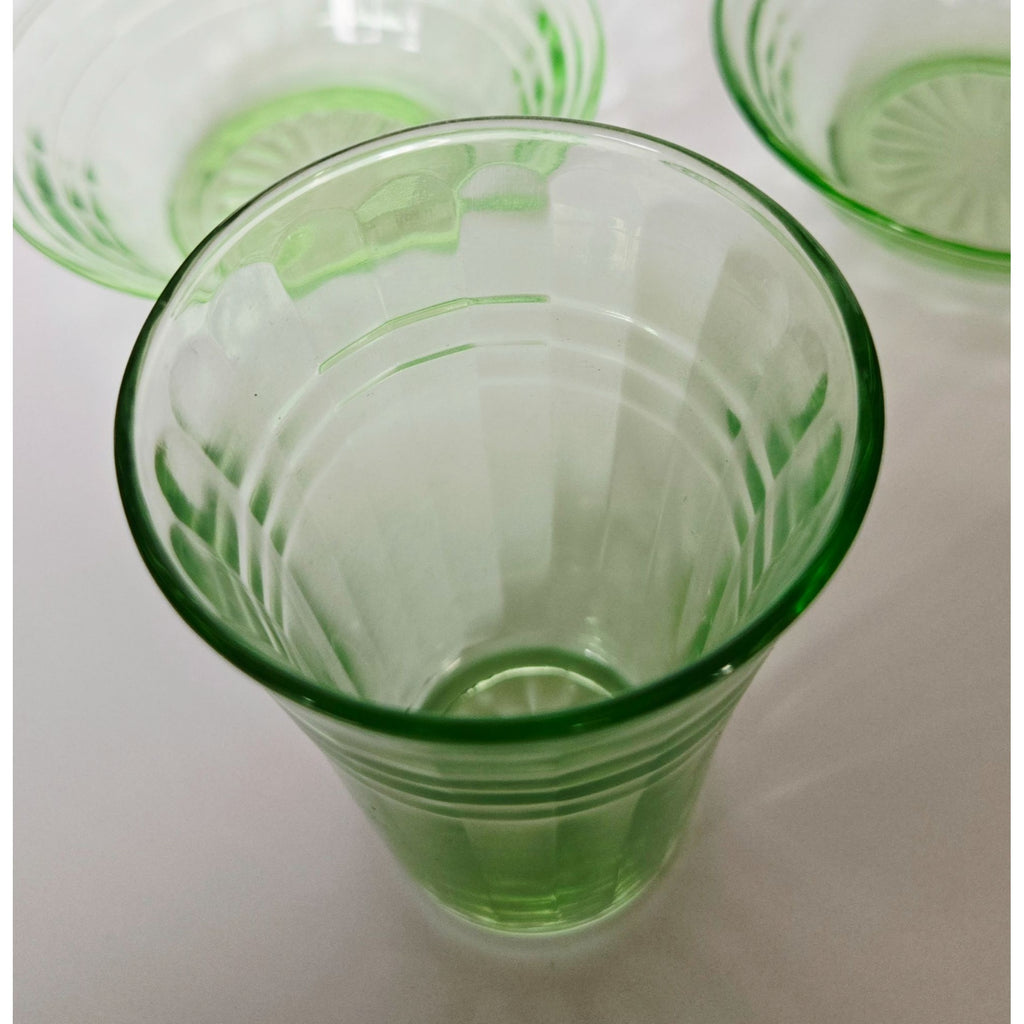 Vintage Green Depression Glass Cubist Bowl & Tumbler Set Glows Under Black Light