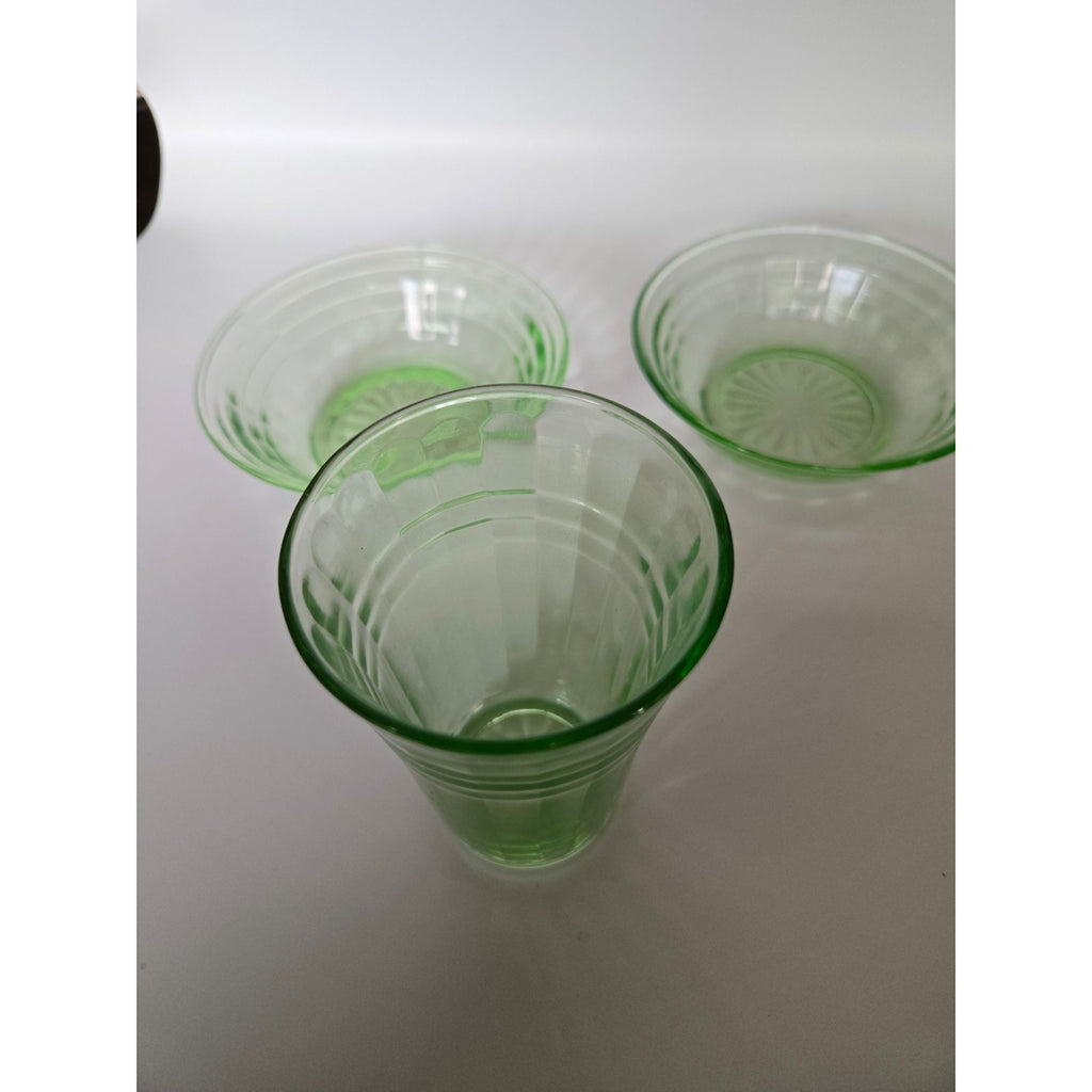 Vintage Green Depression Glass Cubist Bowl & Tumbler Set Glows Under Black Light