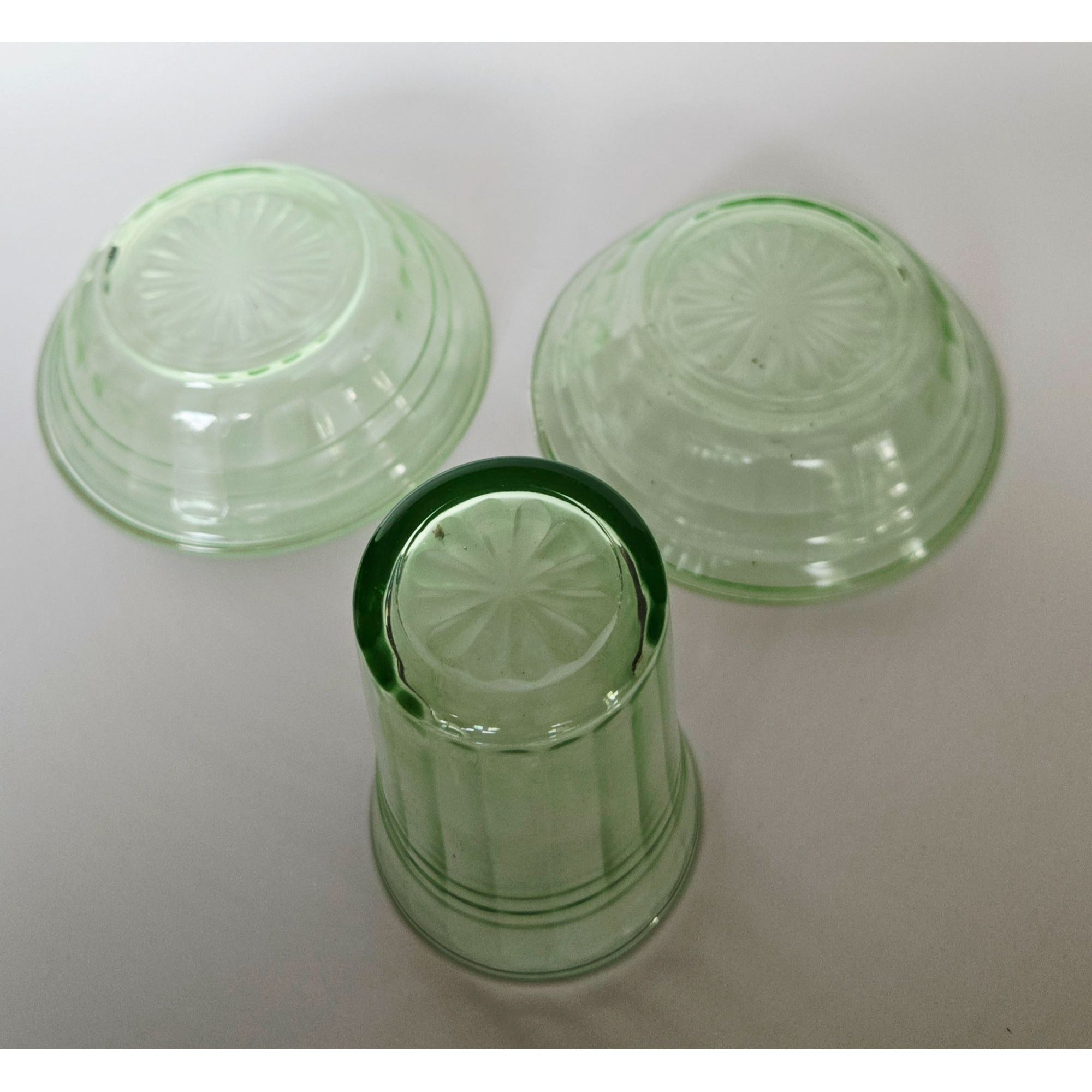 Vintage Green Depression Glass Cubist Bowl & Tumbler Set Glows Under Black Light