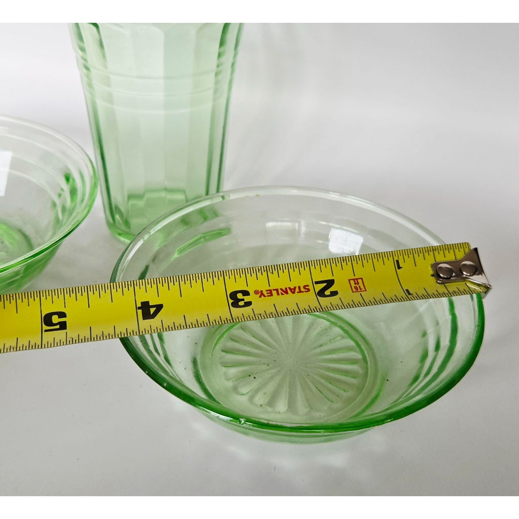 Vintage Green Depression Glass Cubist Bowl & Tumbler Set Glows Under Black Light