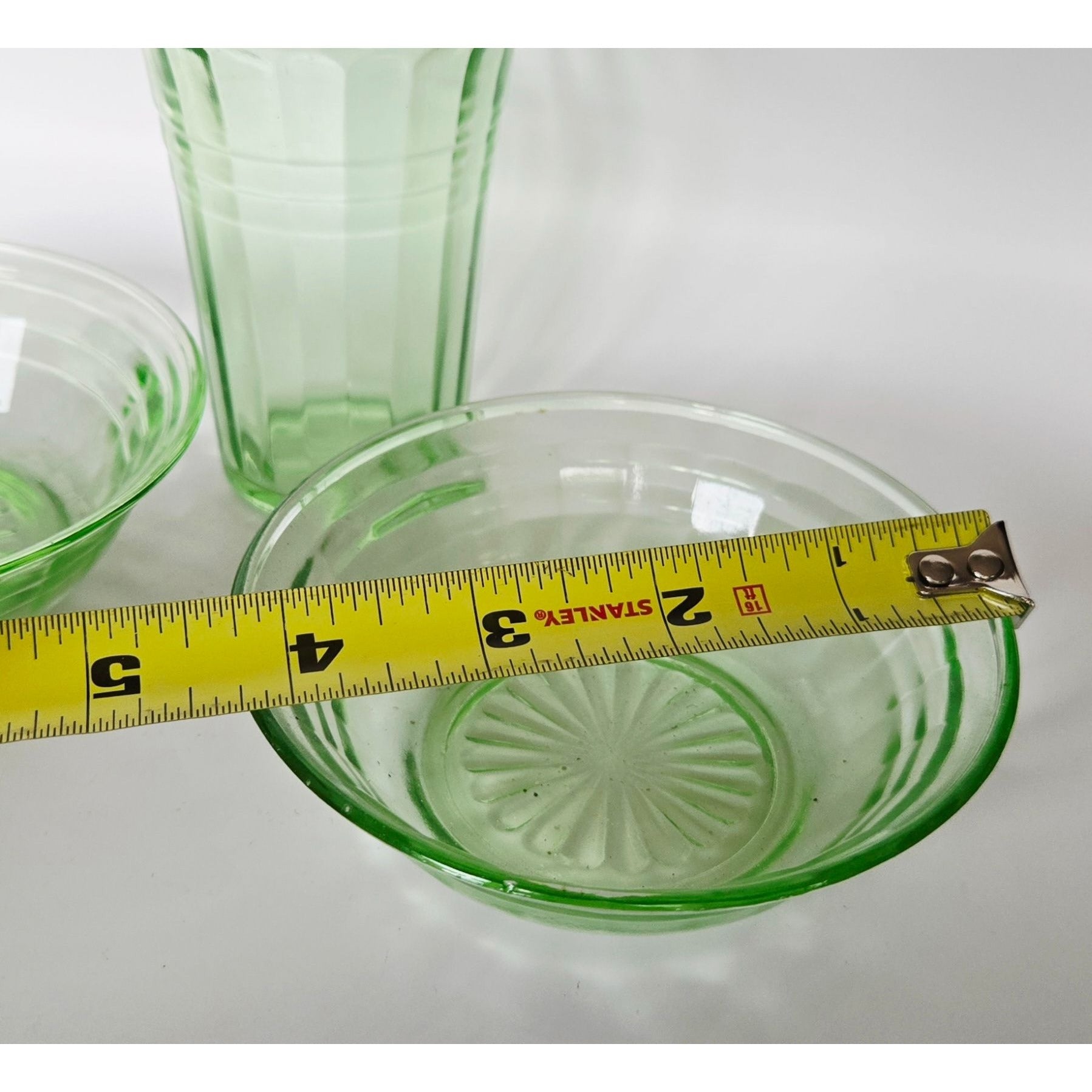 Vintage Green Depression Glass Cubist Bowl & Tumbler Set Glows Under Black Light