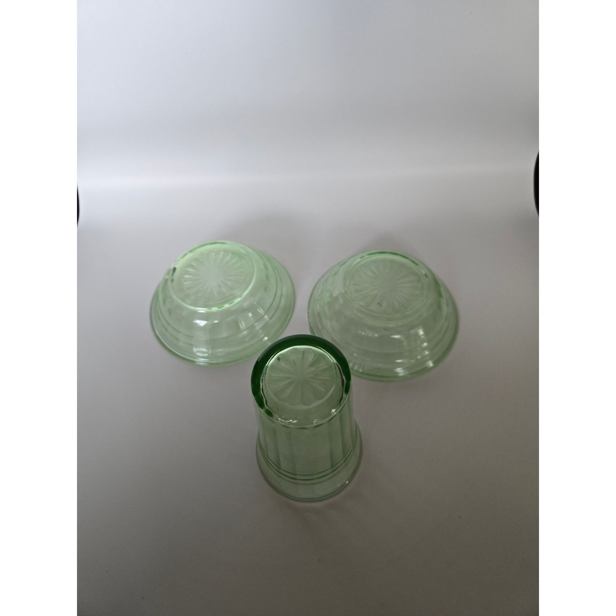 Vintage Green Depression Glass Cubist Bowl & Tumbler Set Glows Under Black Light