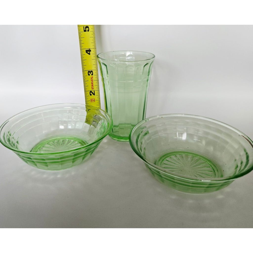 Vintage Green Depression Glass Cubist Bowl & Tumbler Set Glows Under Black Light