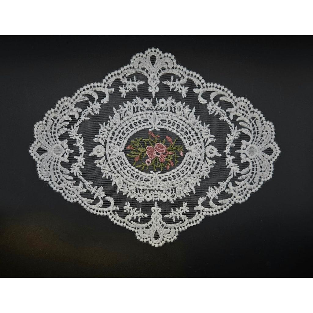 White Lace Doily With Floral Embroidery Centerpiece, White and Pink