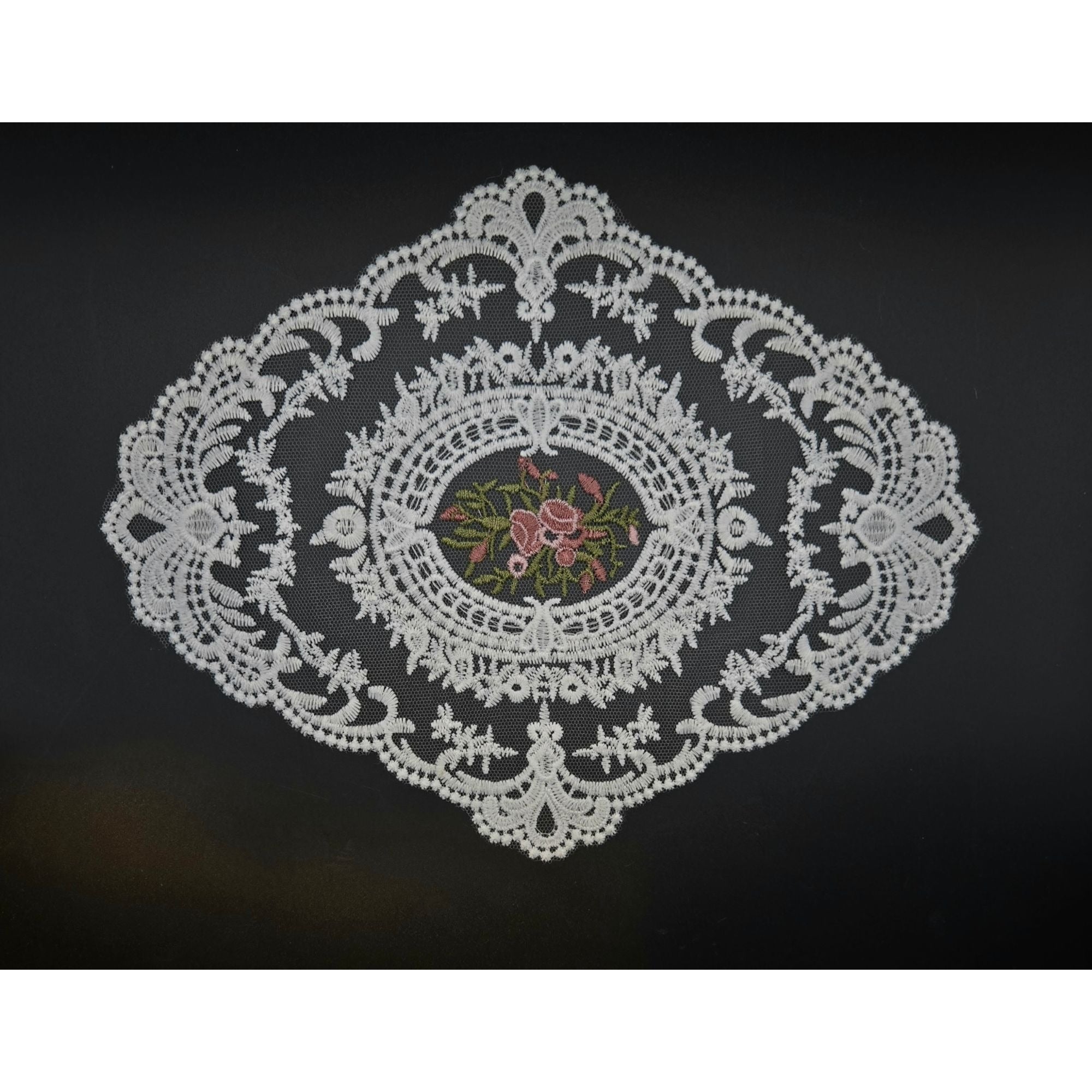 White Lace Doily With Floral Embroidery Centerpiece, White and Pink