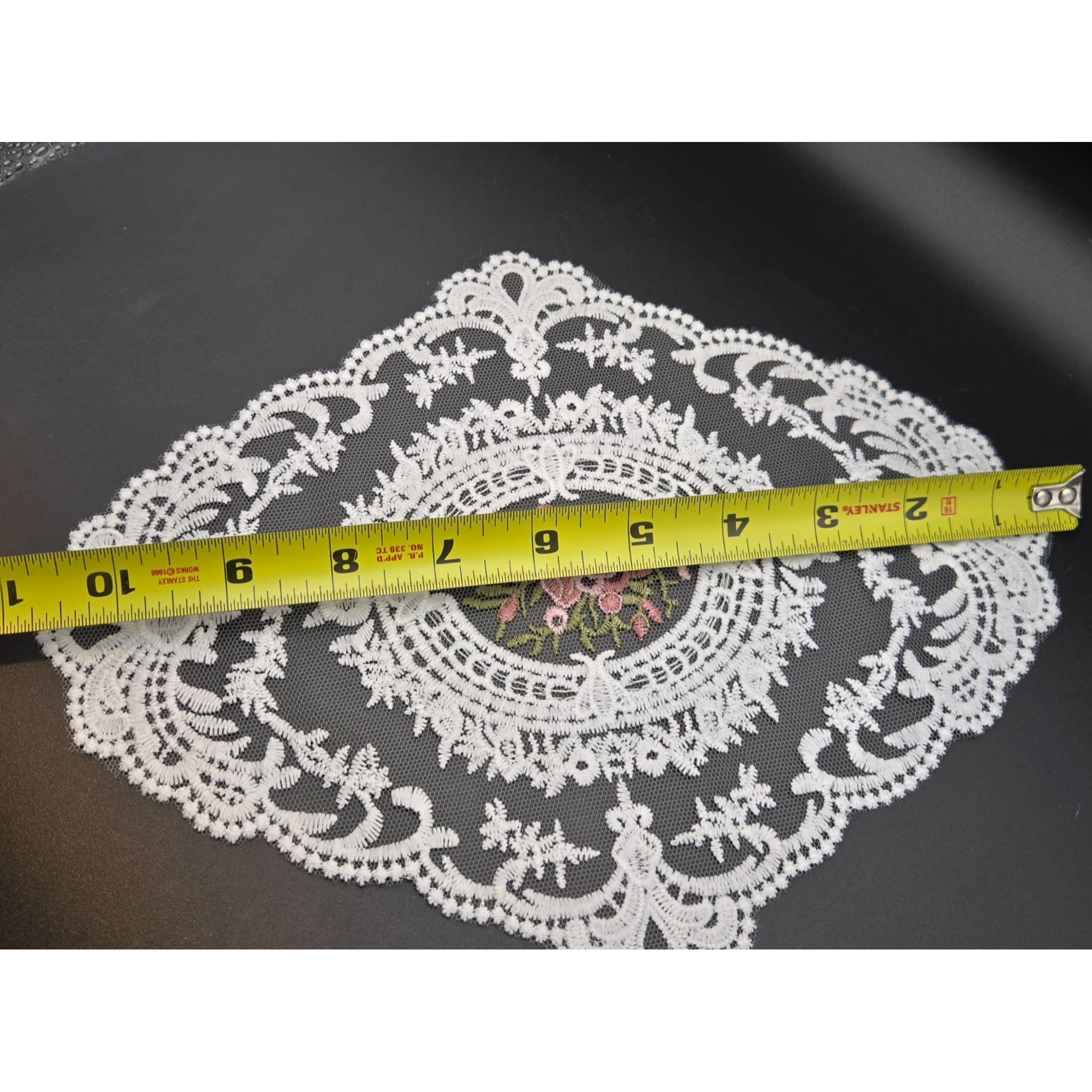 White Lace Doily With Floral Embroidery Centerpiece, White and Pink