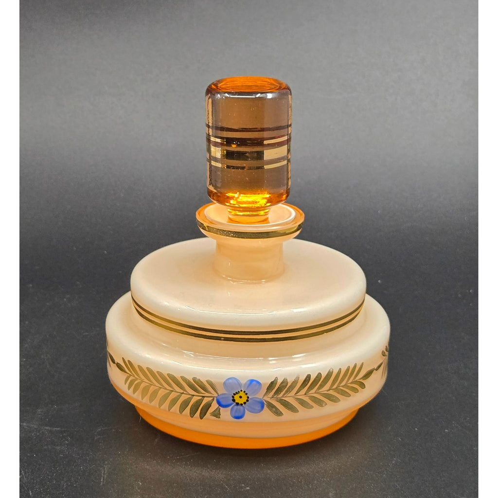 Vintage Czech Glass Peach Perfume Bottle With Hand-Painted Floral Designs