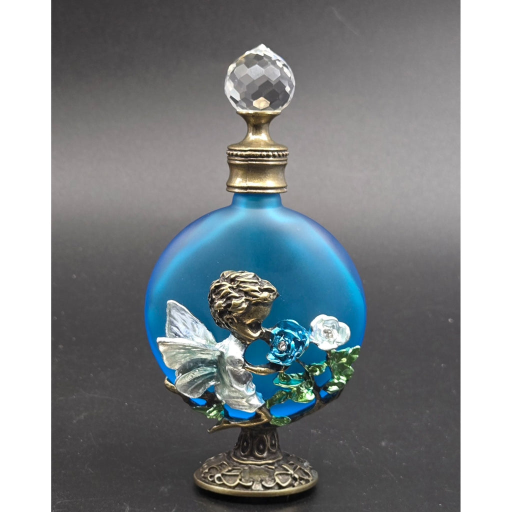 Aqua Blue Frosted Perfume Bottle W/ Crystal Stopper & Fairy, Roses