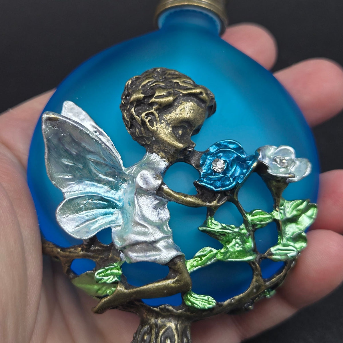 Aqua Blue Frosted Perfume Bottle W/ Crystal Stopper & Fairy, Roses