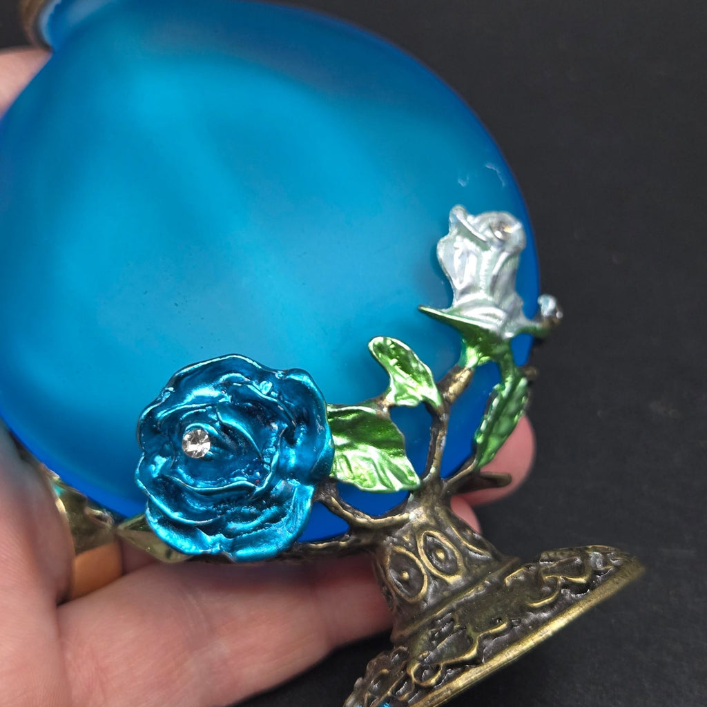 Aqua Blue Frosted Perfume Bottle W/ Crystal Stopper & Fairy, Roses