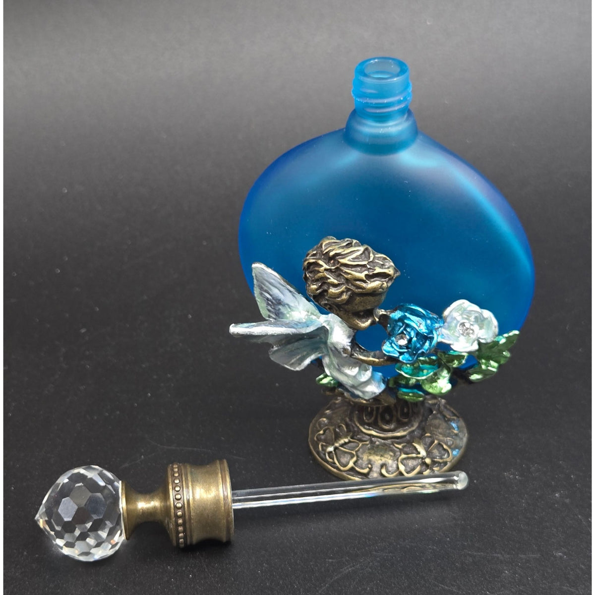 Aqua Blue Frosted Perfume Bottle W/ Crystal Stopper & Fairy, Roses