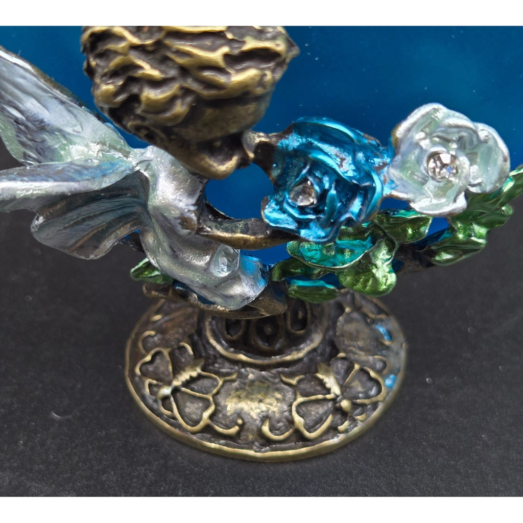Aqua Blue Frosted Perfume Bottle W/ Crystal Stopper & Fairy, Roses