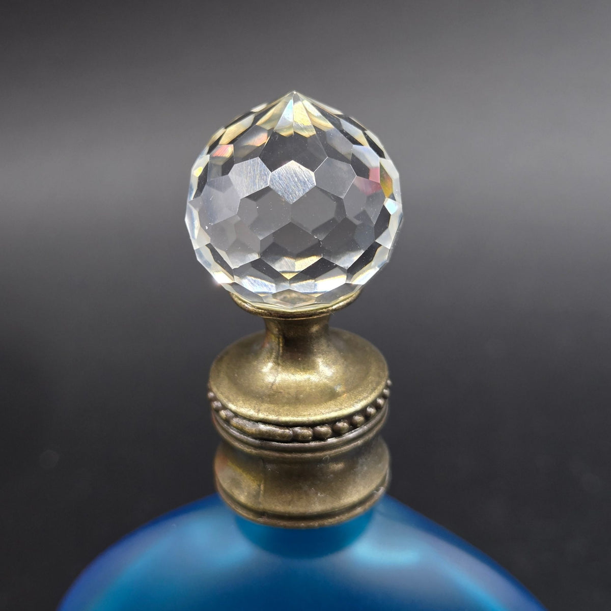 Aqua Blue Frosted Perfume Bottle W/ Crystal Stopper & Fairy, Roses