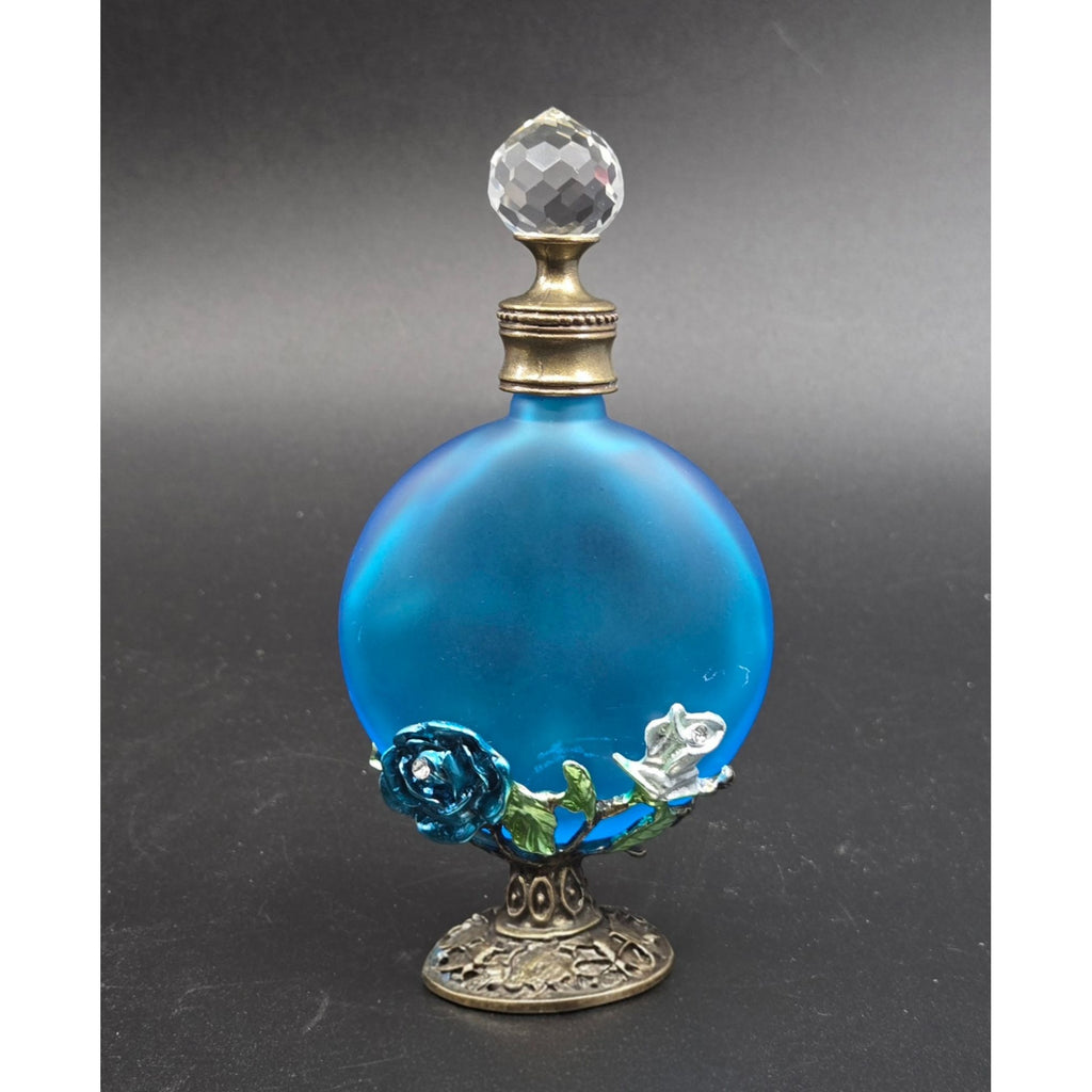 Aqua Blue Frosted Perfume Bottle W/ Crystal Stopper & Fairy, Roses