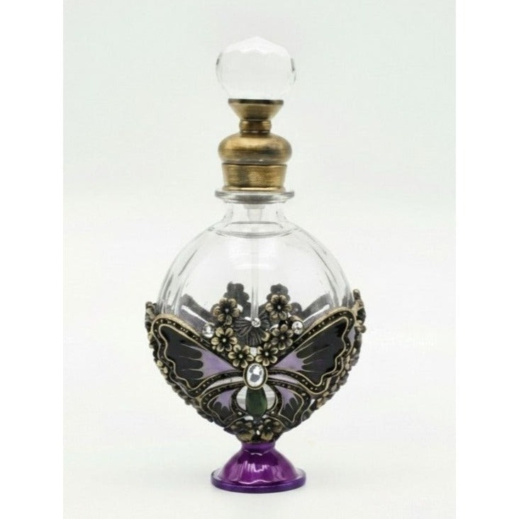 Vintage Glass Butterfly Glass Perfume Bottle With Crystal Accents & Bronze Details