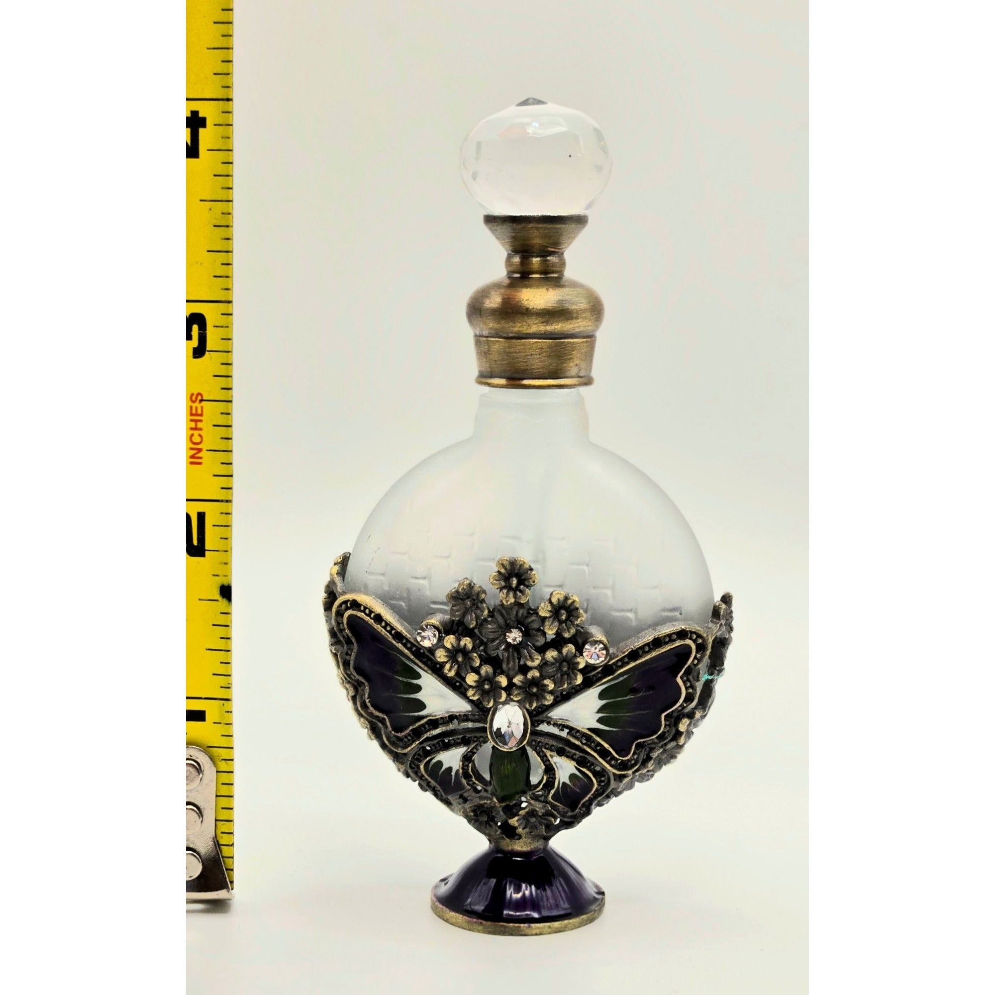 Vintage Glass Butterfly Glass Perfume Bottle With Crystal Accents & Bronze Details