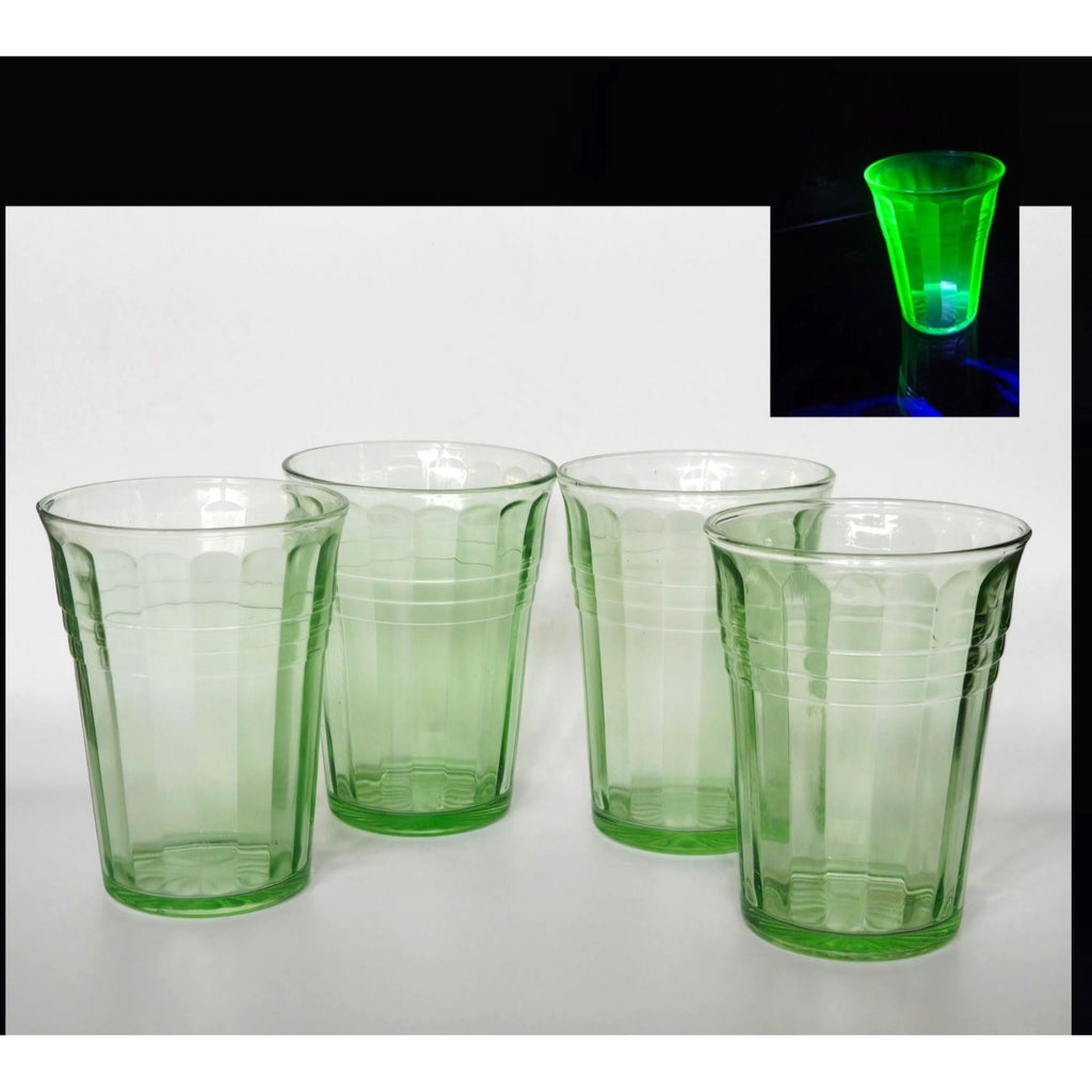 4 pc Hazel-Atlas Moderntone Green Depression Glasses Ribbed Uranium 8 oz. 1940s