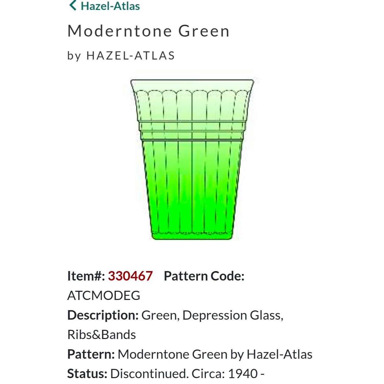 4 pc Hazel-Atlas Moderntone Green Depression Glasses Ribbed Uranium 8 oz. 1940s