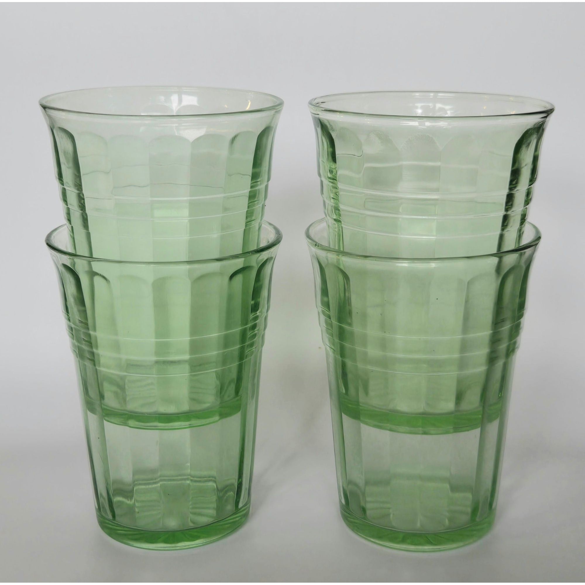 4 pc Hazel-Atlas Moderntone Green Depression Glasses Ribbed Uranium 8 oz. 1940s