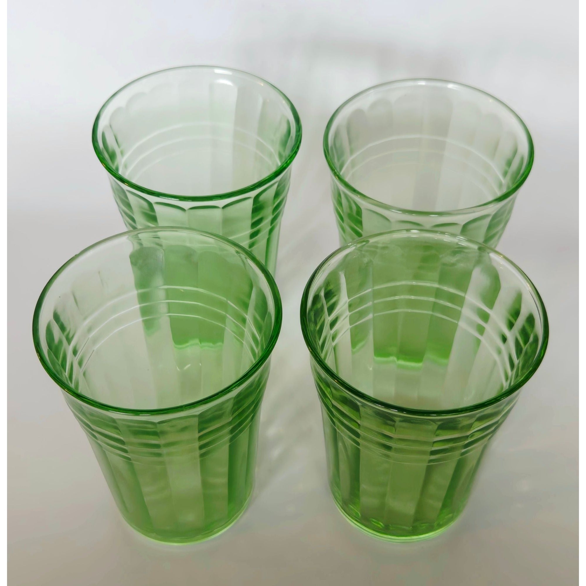 4 pc Hazel-Atlas Moderntone Green Depression Glasses Ribbed Uranium 8 oz. 1940s