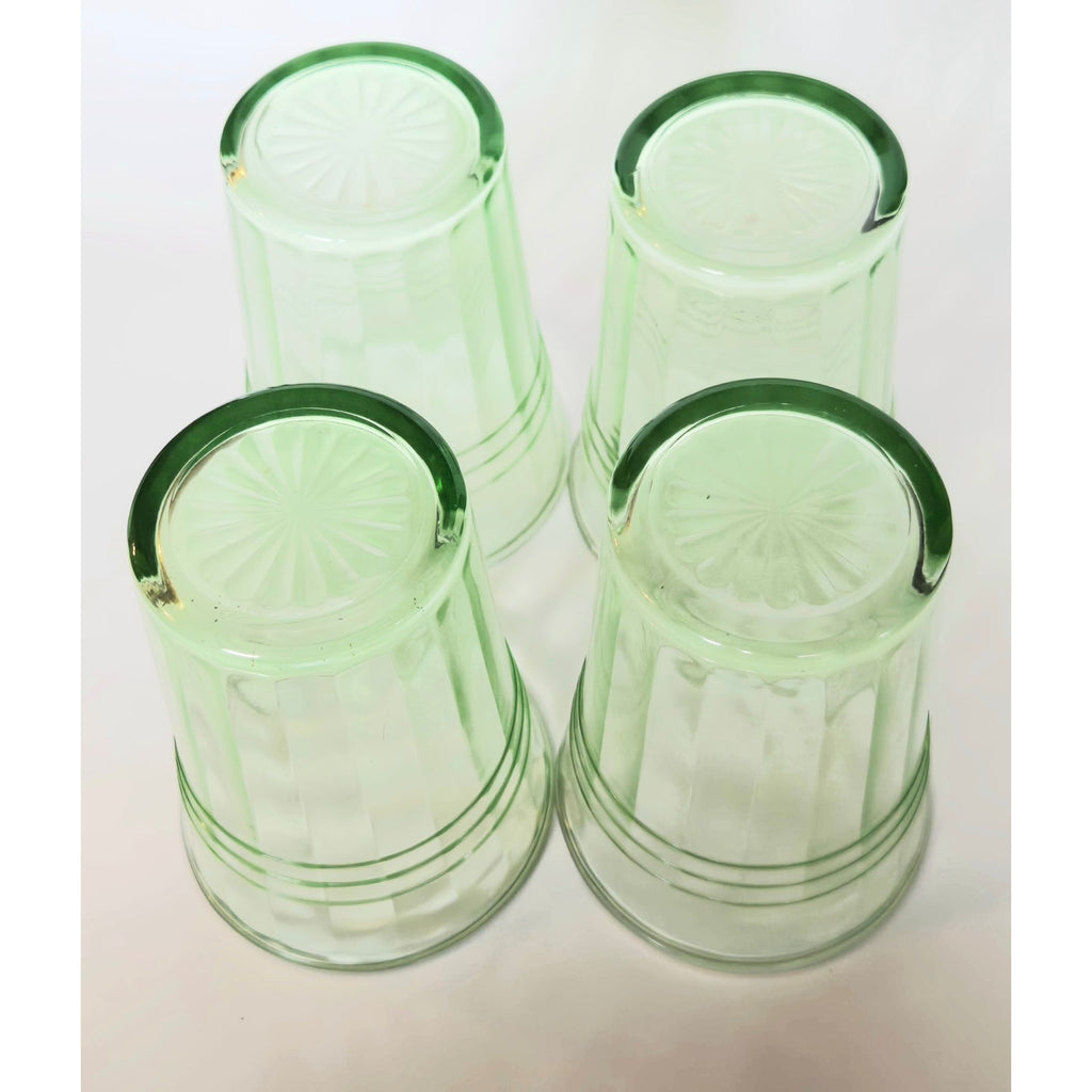4 pc Hazel-Atlas Moderntone Green Depression Glasses Ribbed Uranium 8 oz. 1940s