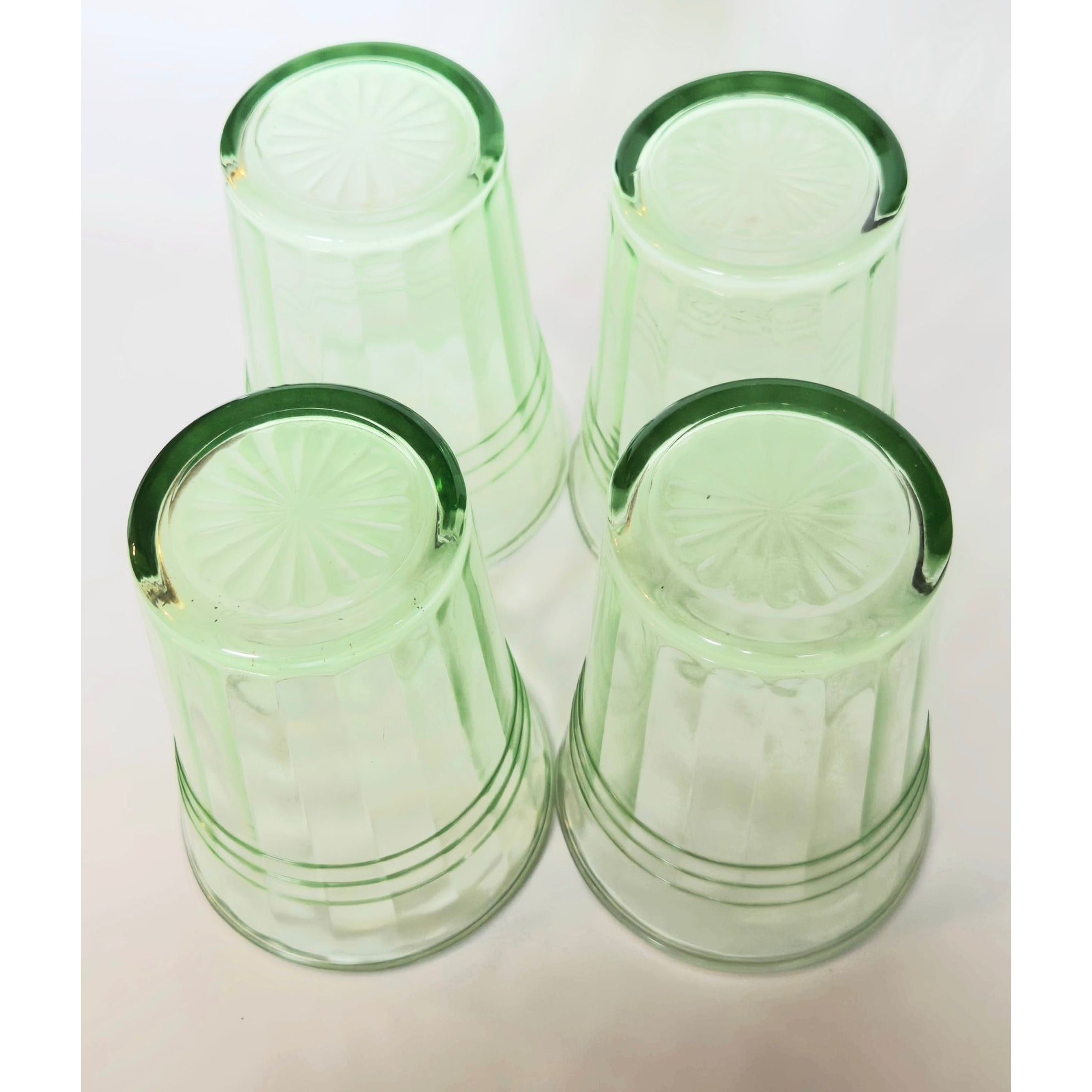 4 pc Hazel-Atlas Moderntone Green Depression Glasses Ribbed Uranium 8 oz. 1940s