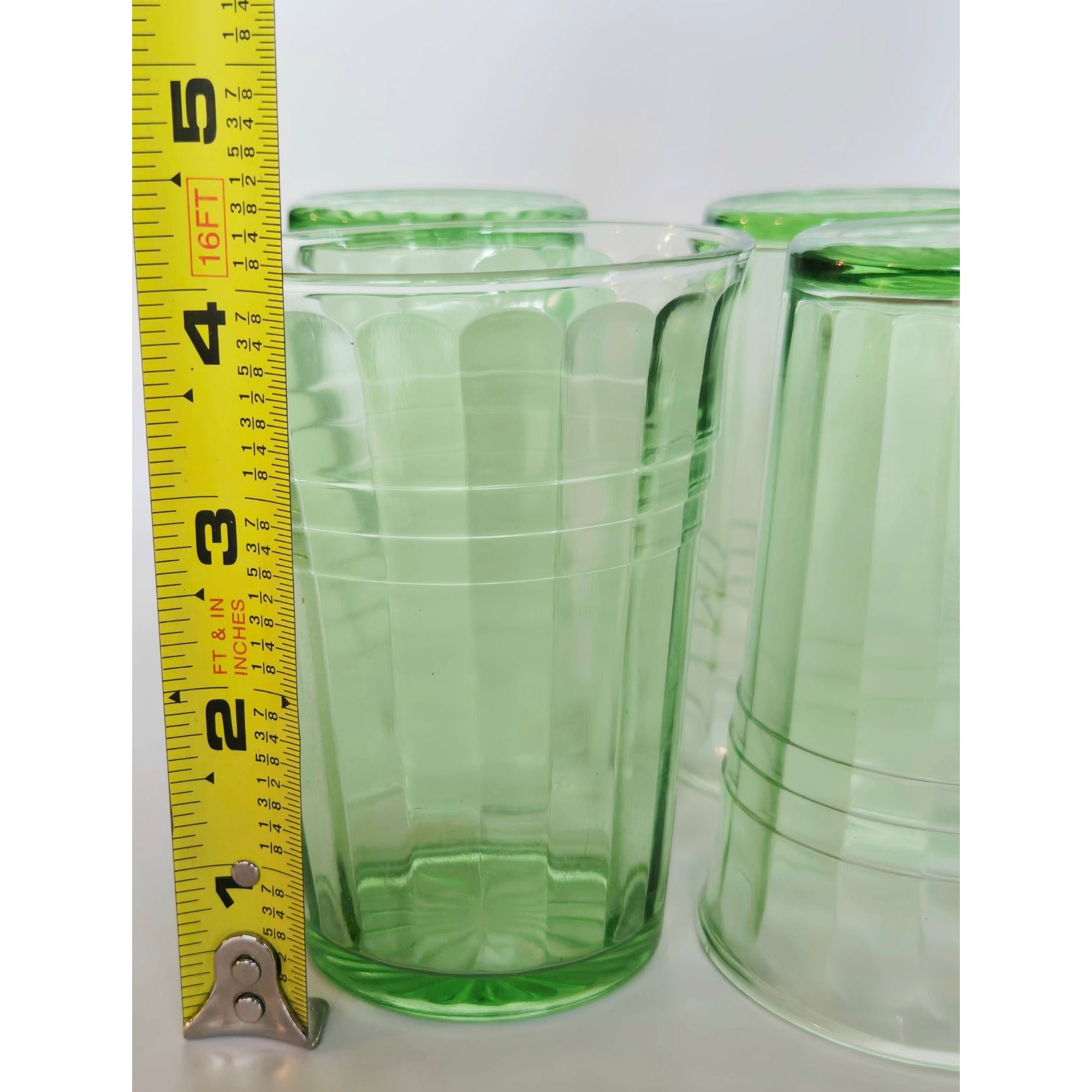 4 pc Hazel-Atlas Moderntone Green Depression Glasses Ribbed Uranium 8 oz. 1940s