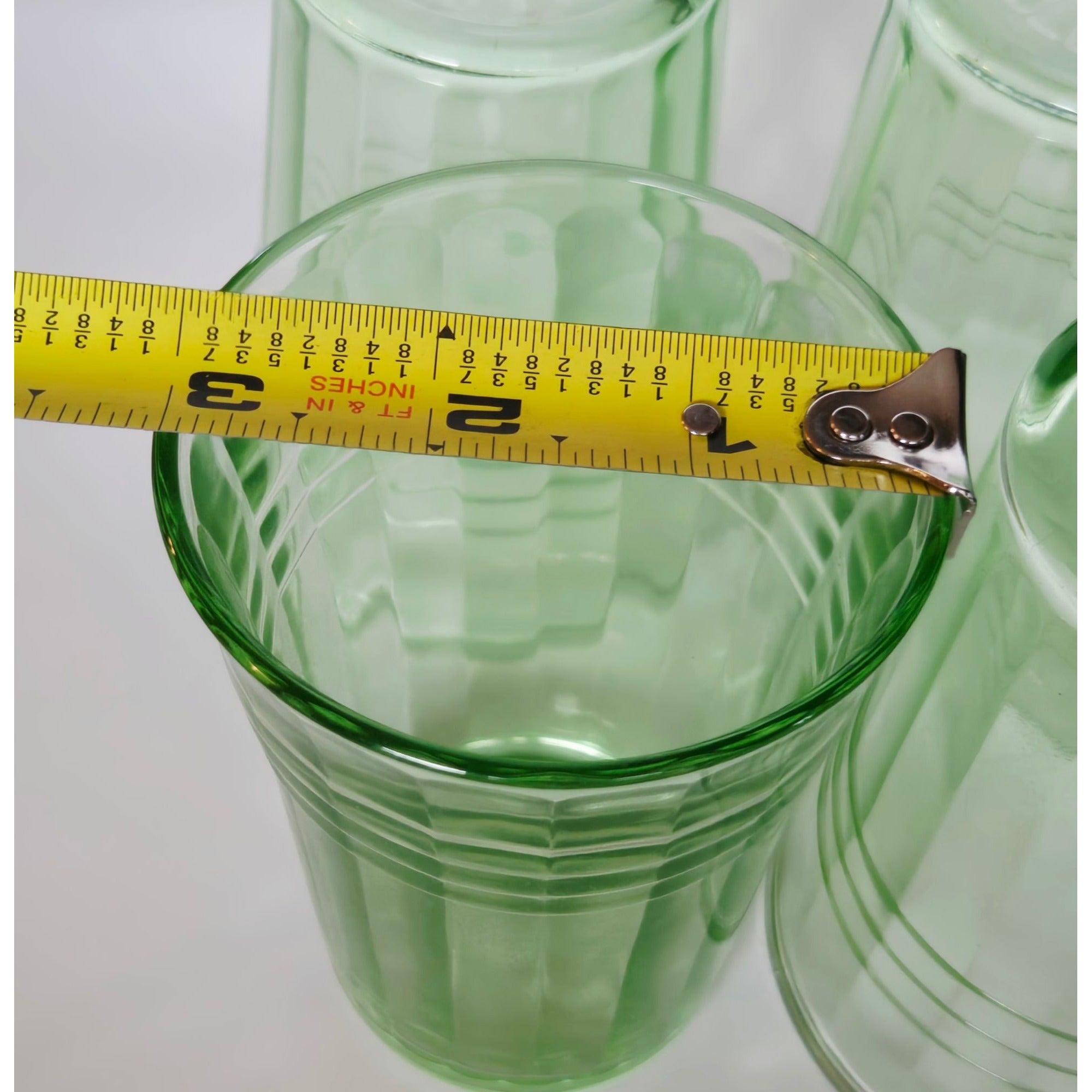 4 pc Hazel-Atlas Moderntone Green Depression Glasses Ribbed Uranium 8 oz. 1940s