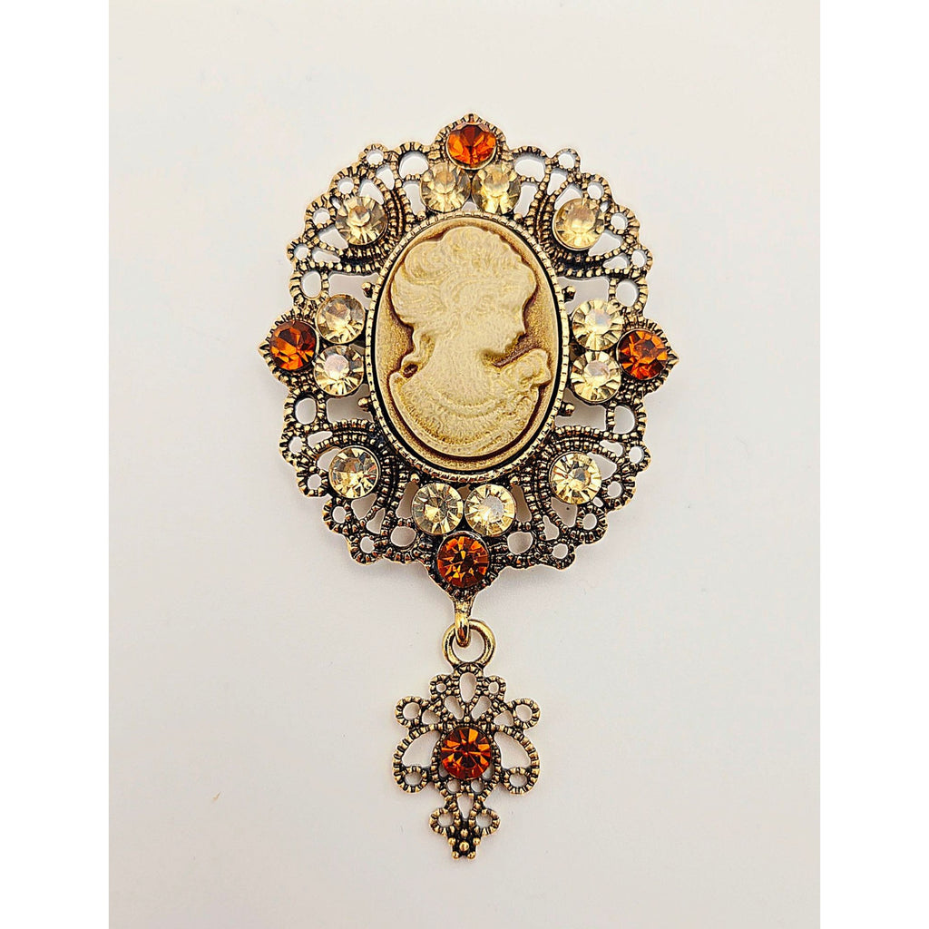 Vintage Cameo Brooch With Rhinestones & Dangling Accent - Ornate Antique Gold-Tone Finish Amber & Clear Details 2.5" x 1.75"