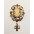 Vintage Cameo Brooch With Rhinestones & Dangling Accent - Ornate Antique Gold-Tone Finish Amber & Clear Details 2.5" x 1.75"
