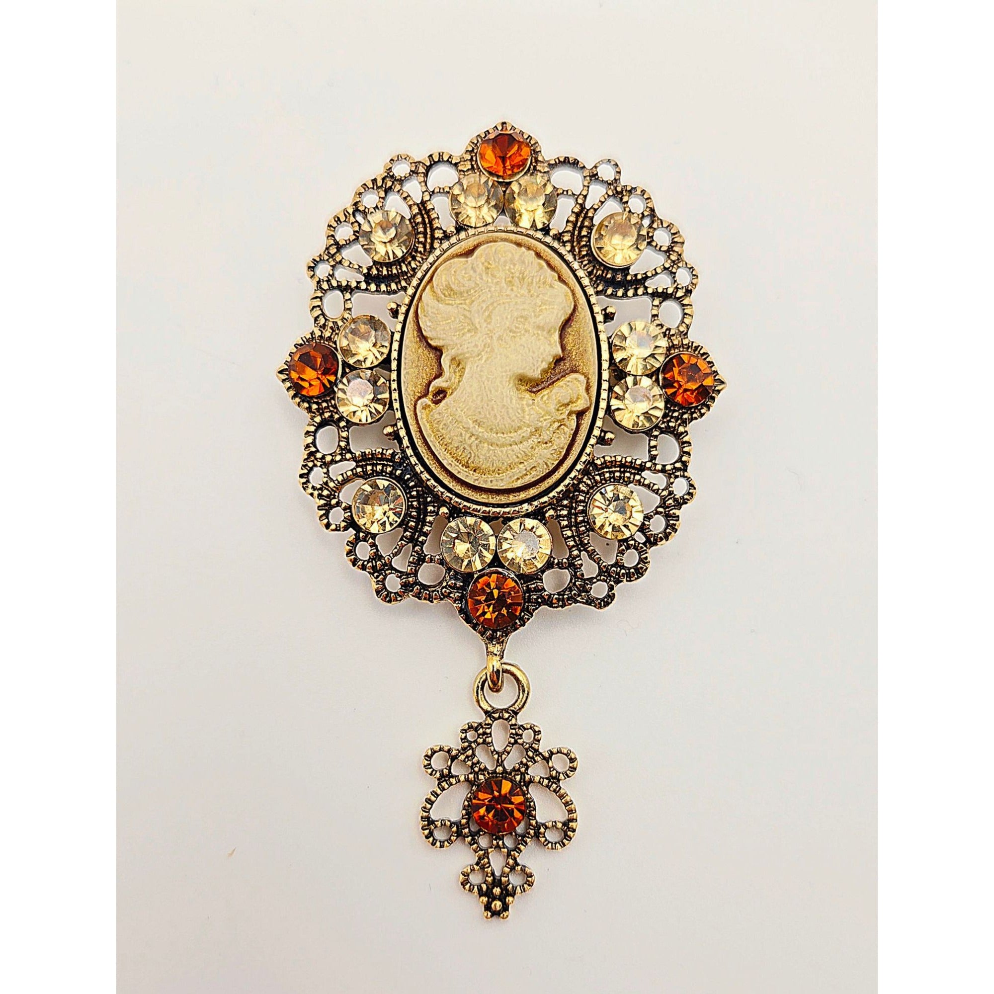 Vintage Cameo Brooch With Rhinestones & Dangling Accent - Ornate Antique Gold-Tone Finish Amber & Clear Details 2.5" x 1.75"