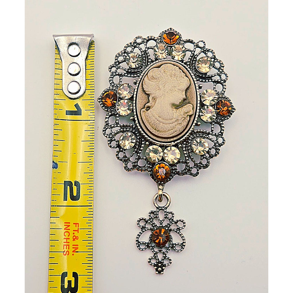 Vintage Cameo Brooch With Rhinestones & Dangling Accent - Ornate Antique Gold-Tone Finish Amber & Clear Details 2.5" x 1.75"
