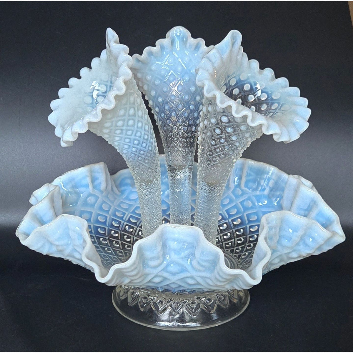 Fenton Epergne Opalescent Diamond Lace Glass w/Ruffled Edge