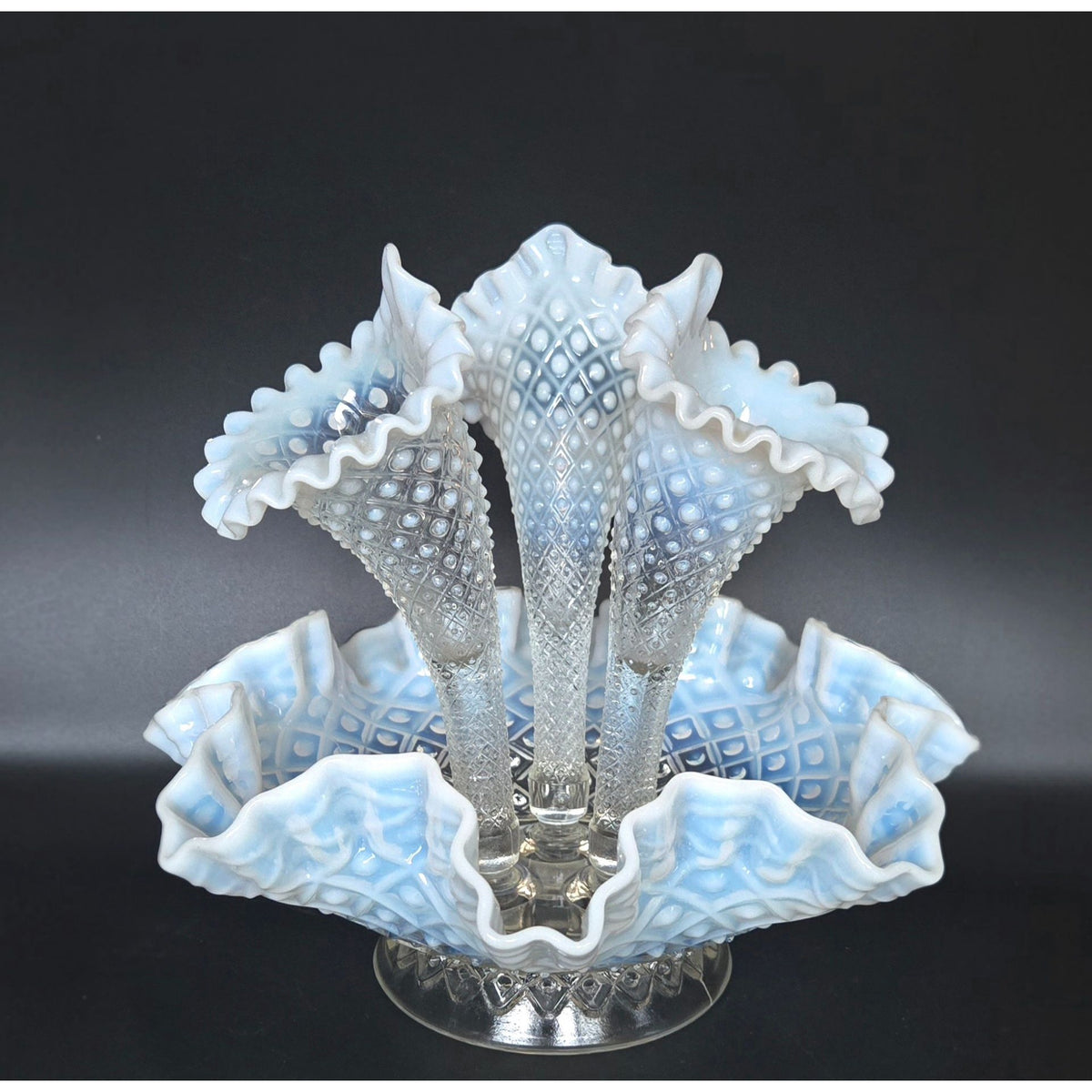 Fenton Epergne Opalescent Diamond Lace Glass w/Ruffled Edge