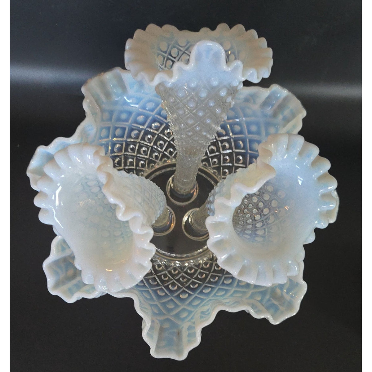 Fenton Epergne Opalescent Diamond Lace Glass w/Ruffled Edge