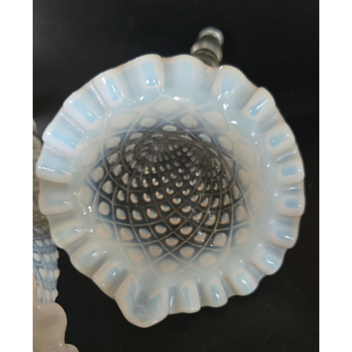 Fenton Epergne Opalescent Diamond Lace Glass w/Ruffled Edge