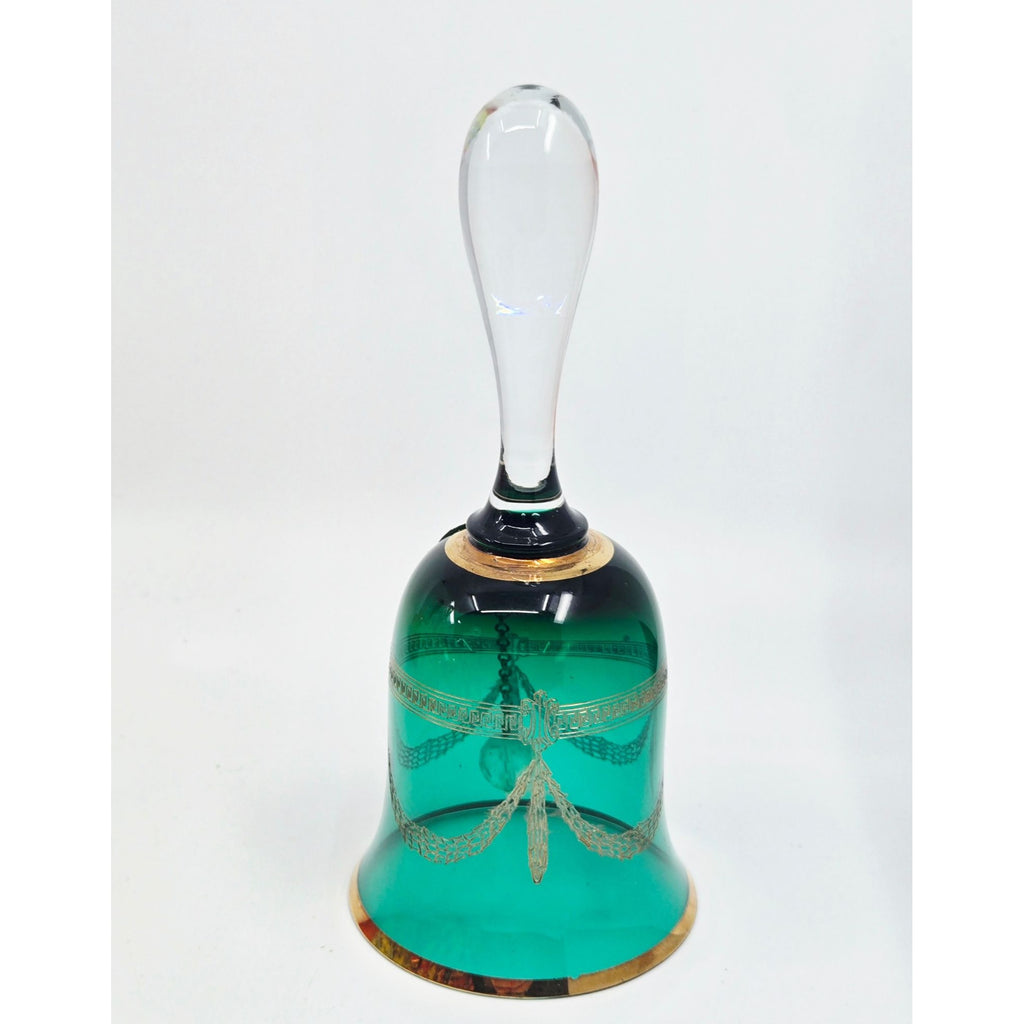 Czech Glass Bohemia Glass Emerald Green & Gold Crystal Bell 7"