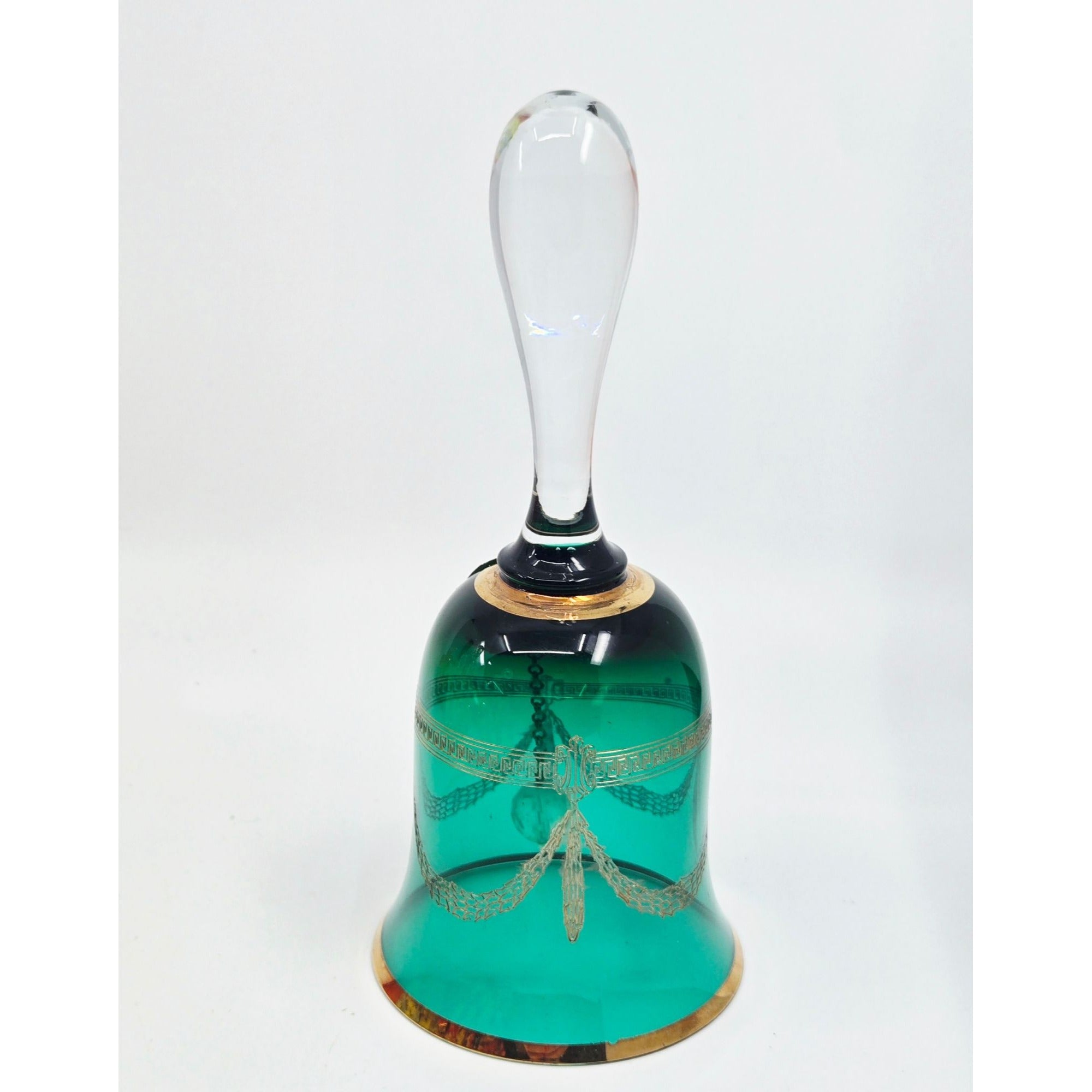 Czech Glass Bohemia Glass Emerald Green & Gold Crystal Bell 7"