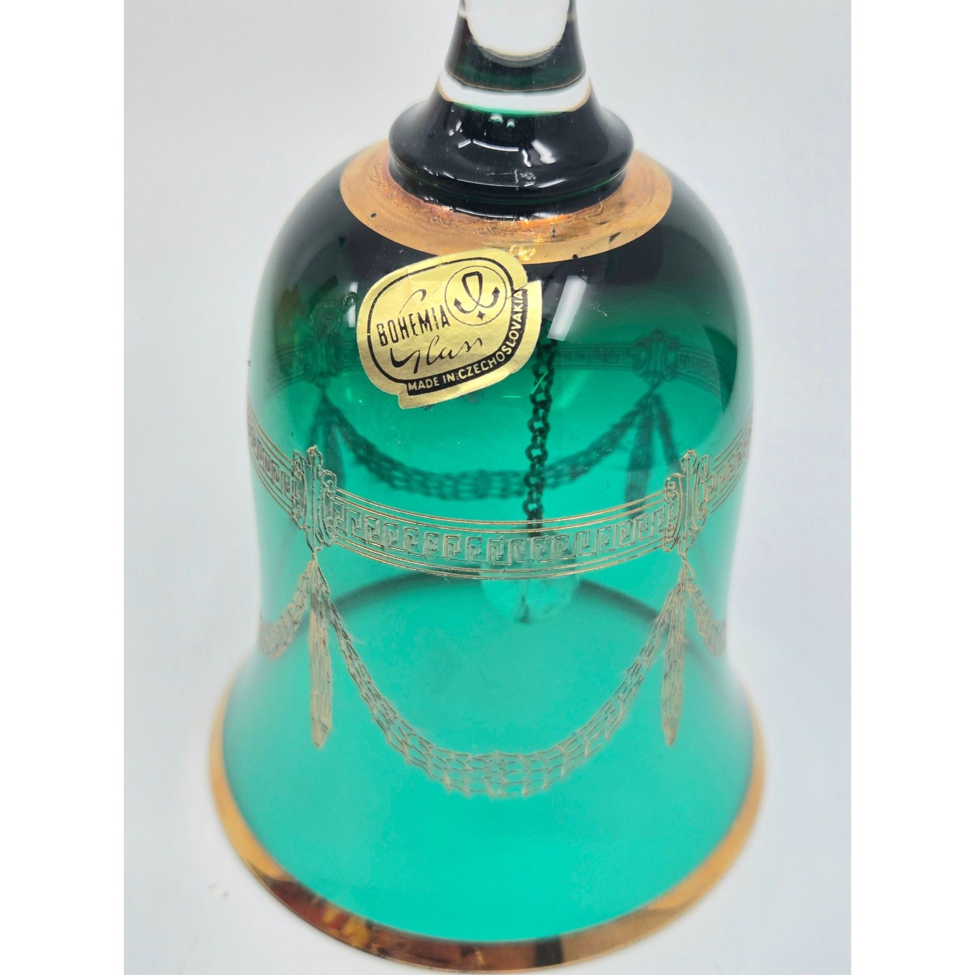 Czech Glass Bohemia Glass Emerald Green & Gold Crystal Bell 7"
