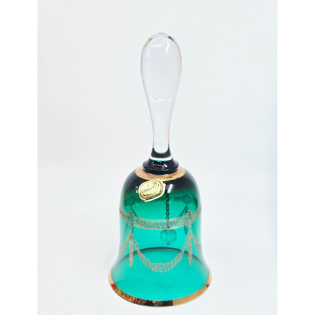 Czech Glass Bohemia Glass Emerald Green & Gold Crystal Bell 7"