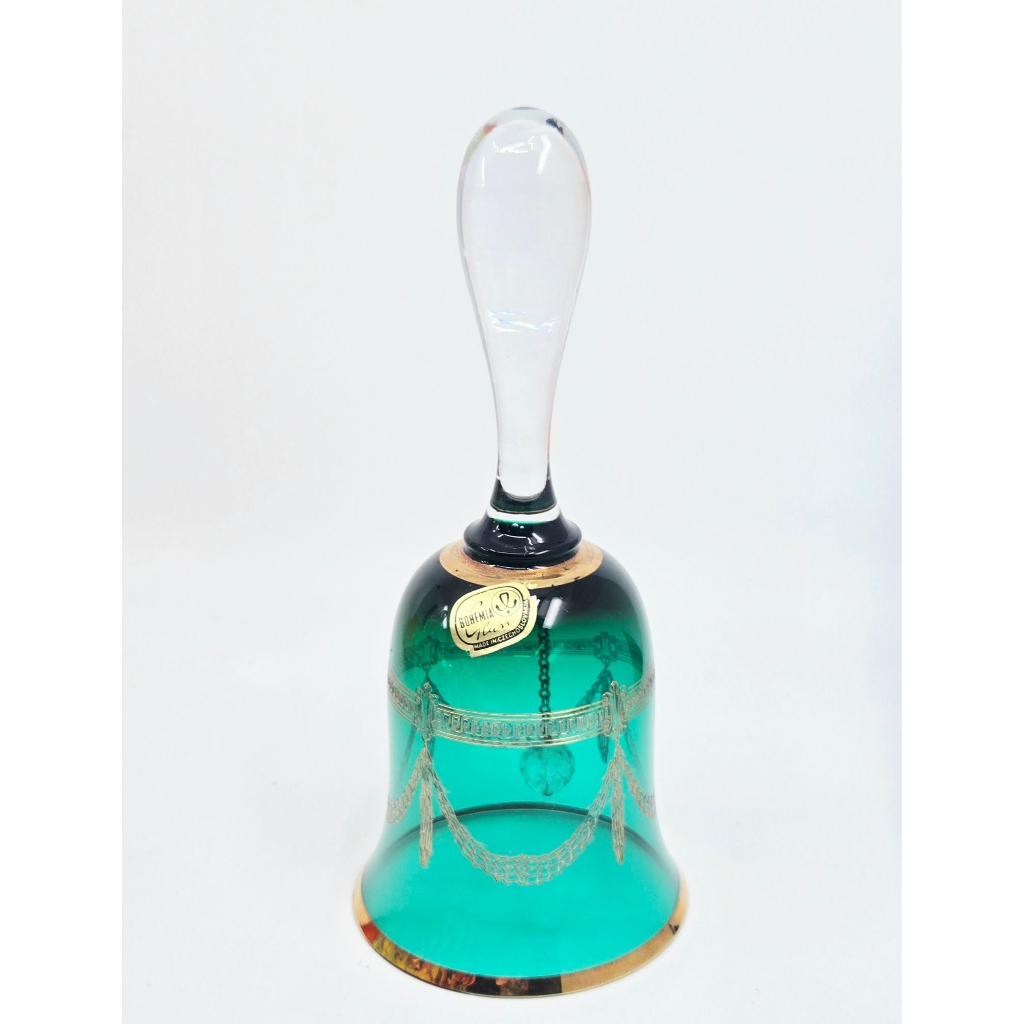 Czech Glass Bohemia Glass Emerald Green & Gold Crystal Bell 7"
