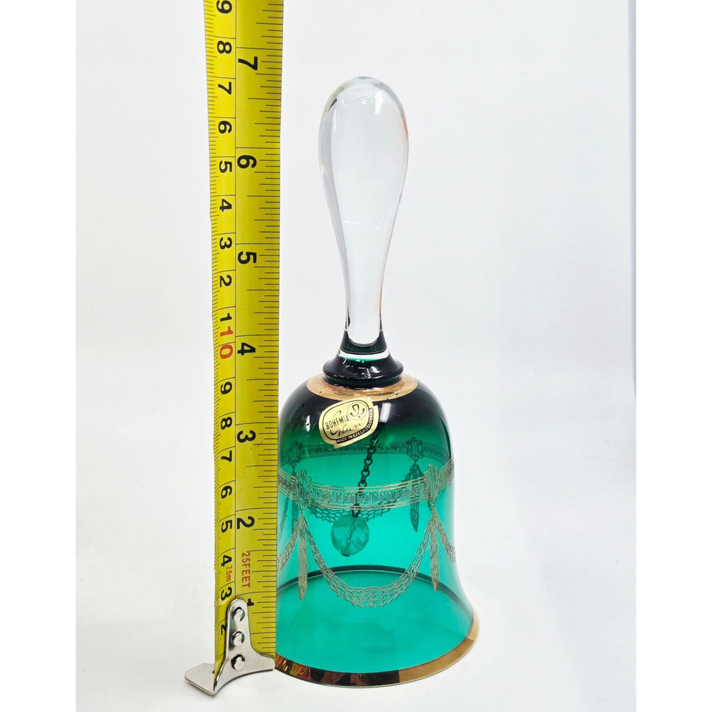 Czech Glass Bohemia Glass Emerald Green & Gold Crystal Bell 7"