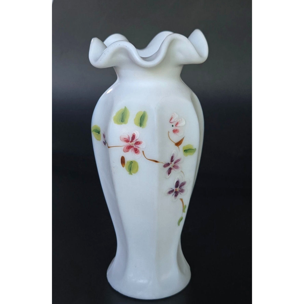 Vintage Fenton Hand-Painted Milk Glass Vase With Ruffled Edge & Floral Design 8" Tall