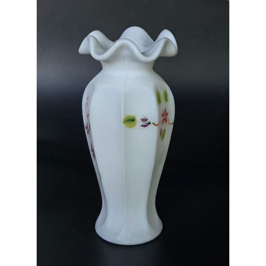 Vintage Fenton Hand-Painted Milk Glass Vase With Ruffled Edge & Floral Design 8" Tall
