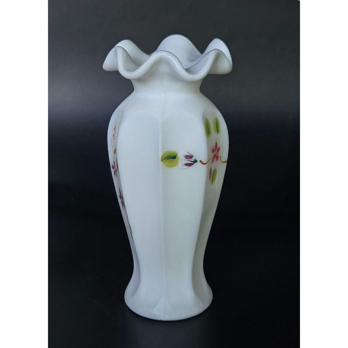 Vintage Fenton Hand-Painted Milk Glass Vase With Ruffled Edge & Floral Design 8" Tall