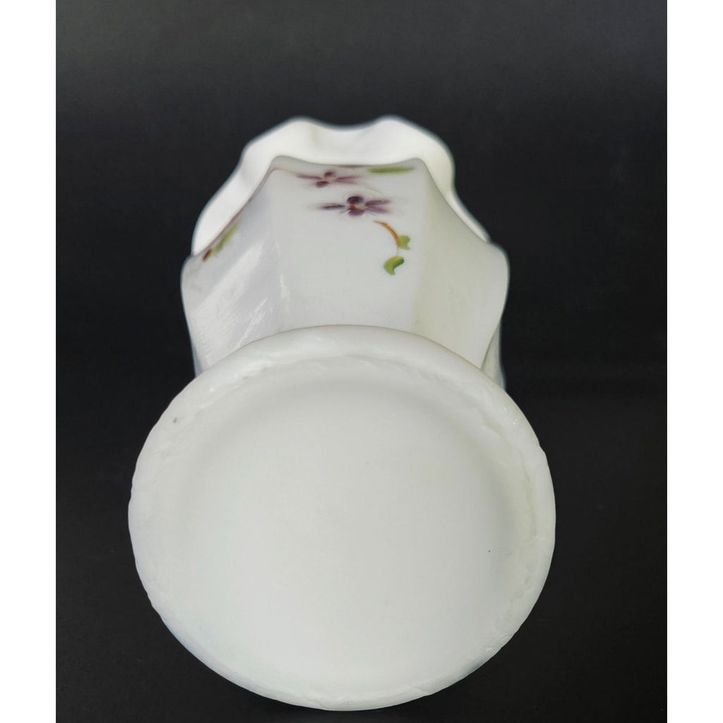 Vintage Fenton Hand-Painted Milk Glass Vase With Ruffled Edge & Floral Design 8" Tall